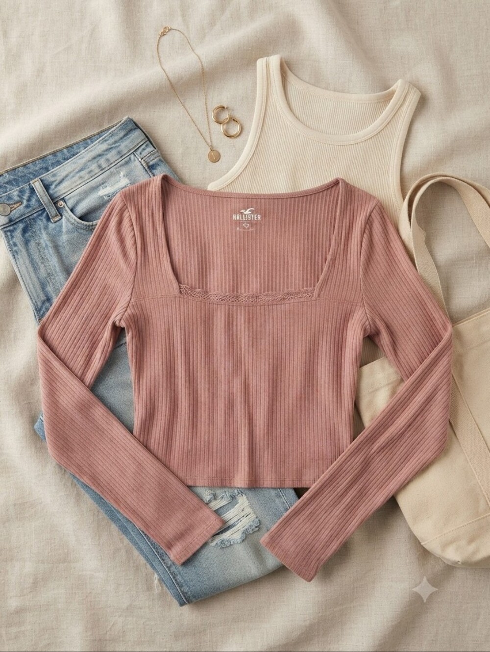 Hollister Soft Pink Lace Trim Square Neck Ribbed Long Sleeve Top